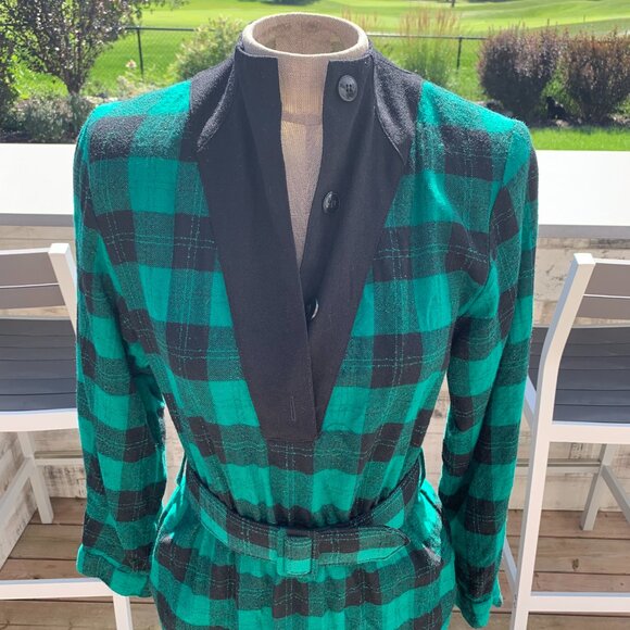 Vintage 80s Tartan Plaid Wool Long Sleeve Belted Sheath Shirt Dress - Picture 2 of 16